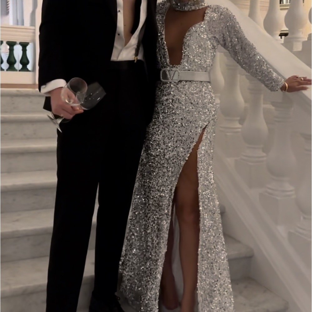 Custom silver velvet sequin prom evening gown cut out mesh inset XS bridal
